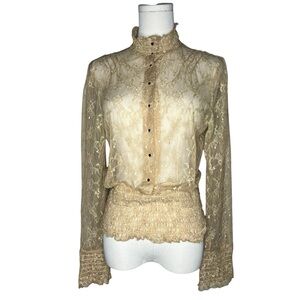 Alice + Olivia Tan Sheer Lace Ruffle Mockneck Ruched Waist Blouse Victorian